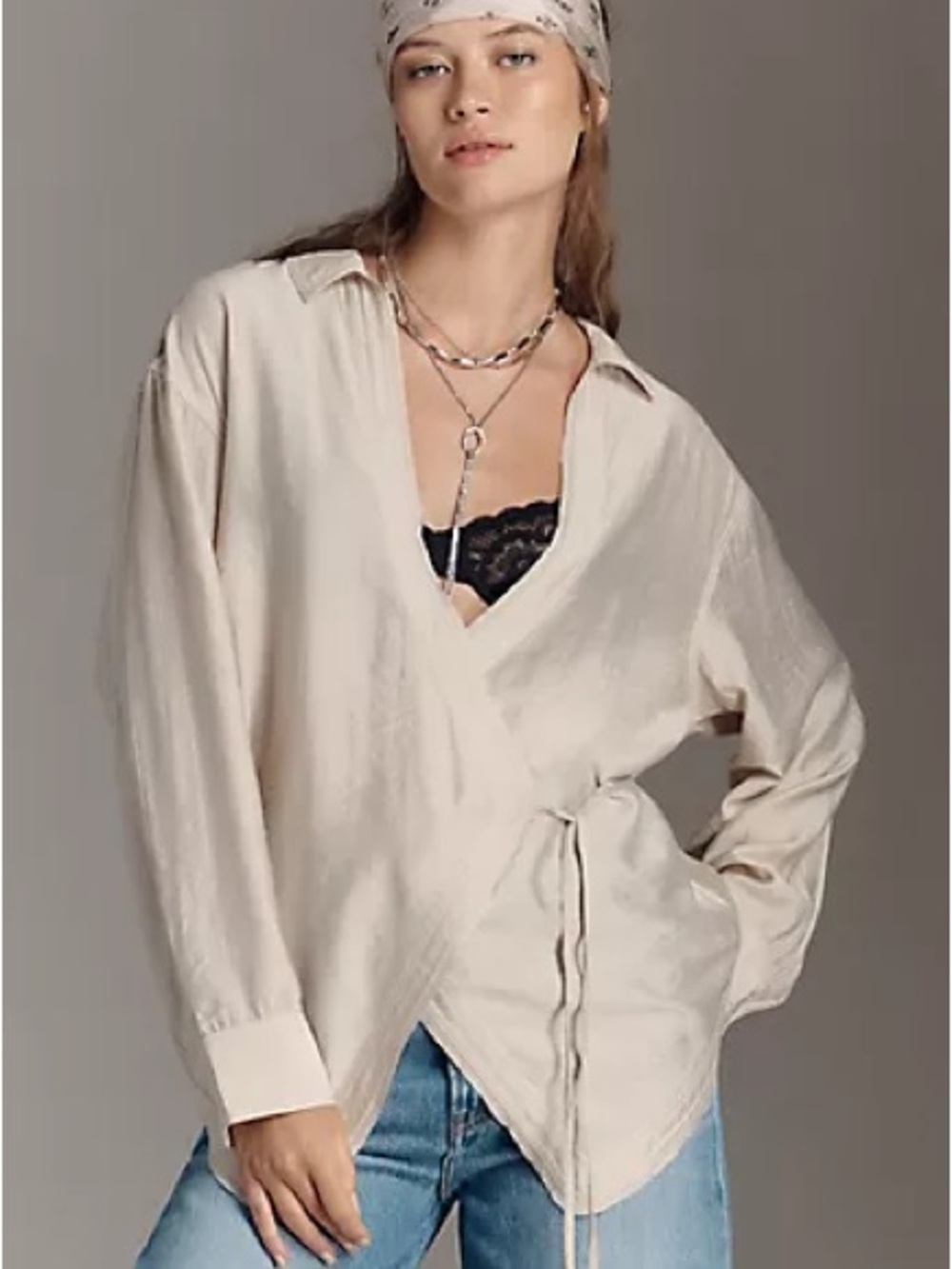 Dazy Cream Wrap Tie-Front Blouse Top